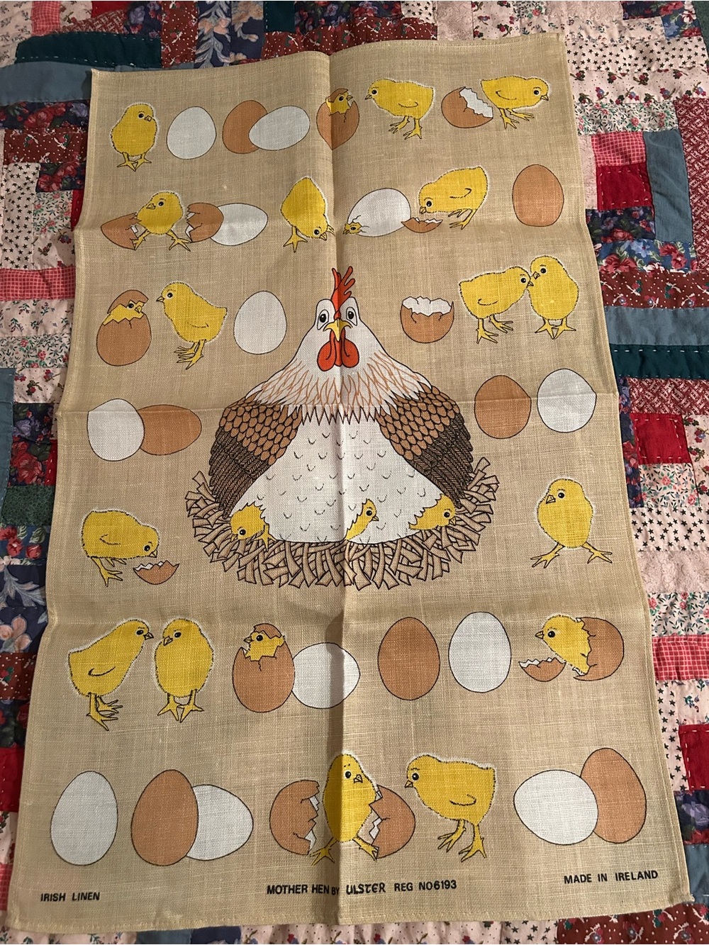 Unused Mother Hen Irish Linen Tea Towel - Yellow Chick & Egg Design